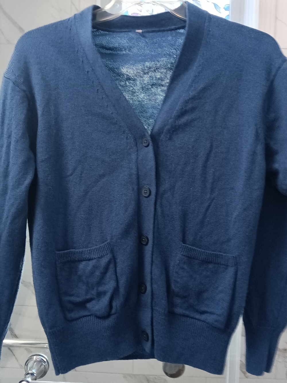 Muji Blue Women's Wool Classic V-Neck Button Cardigan W/Pockets